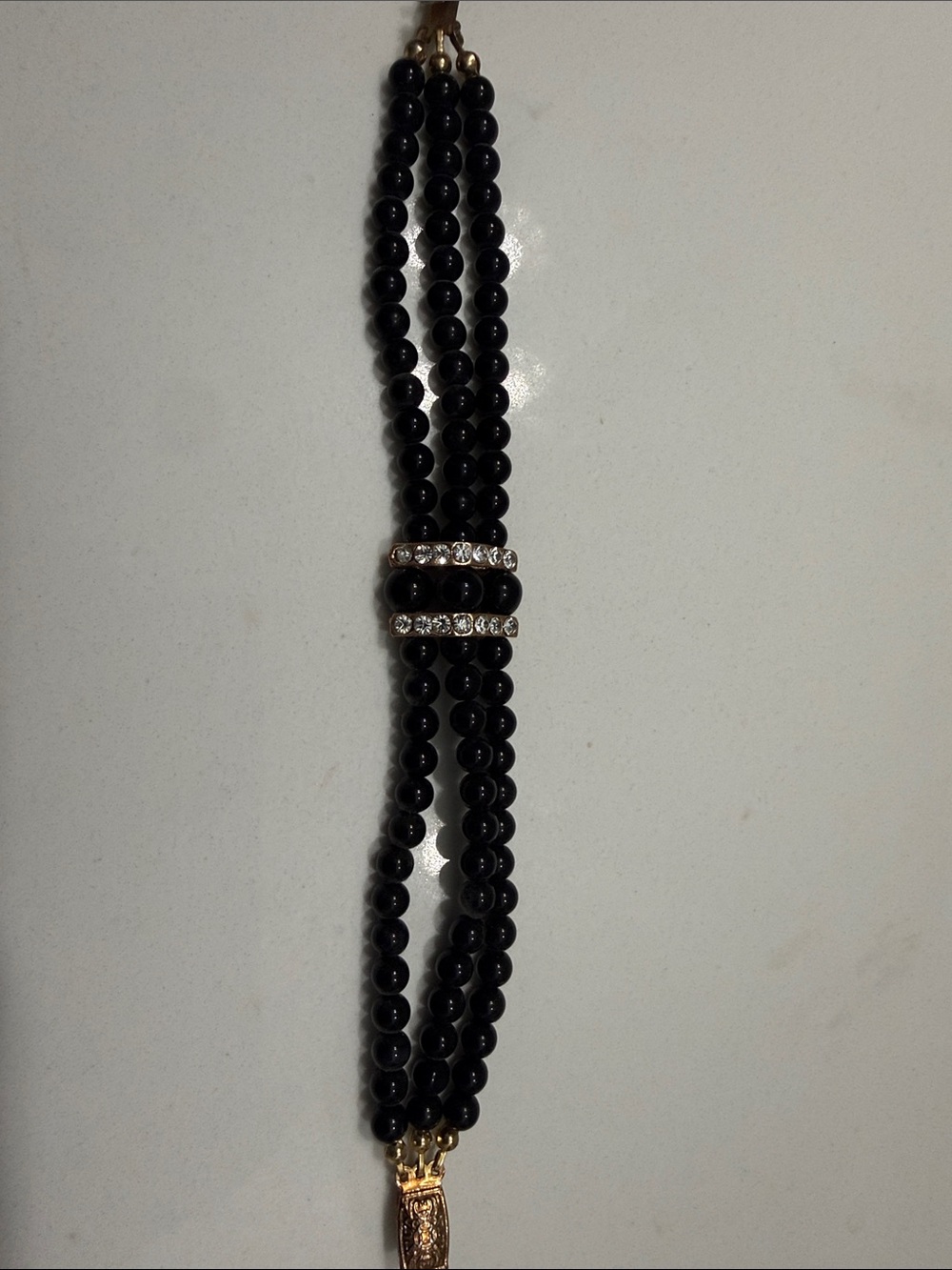 Black Beaded Triple-Strand Bracelet with Crystal Accent